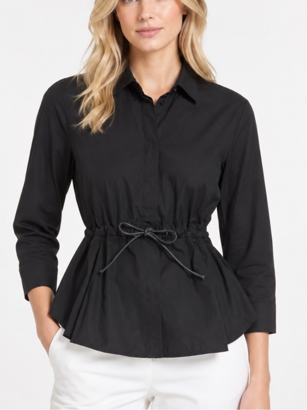 Max Mara Tuck Balco Poplin Tie-waist Long Sleeve Blouse Black 10 57098
